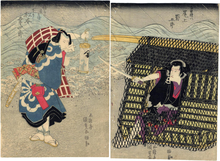 Onoe Kikugorō III (尾上菊五郎) as  Shirai Gonpachi (白井権八) emerging from a <i>kago</i> and Matsumoto Koshirō V (松本幸四郎) as Banzui Chōbei (ばんずい長兵衛) holding a lantern - from the 'Suzugamori' (鈴ヶ森) scene possibly from the play <i>Banzui Chōbei shojin manaita</i> [幡随長兵衛精進爼板]
