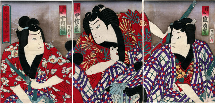 Arashi Rikan IV  (嵐璃寛) as Sakuramaru (桜丸), Nakamura Shikan IV (中村芝翫) as Matsuōmaru (松王丸) and Nakamura Fukusuke III (中村福助) as Umeōmaru (梅王丸) in the play <i>Sugawara denju tenarai kagami</i> (菅原伝授手習鑑)