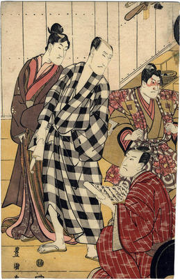 Nakayama Tomisaburō I standing next to Matsumoto Koshirō V in the checkered robe, Ichikawa Danjurō VII in makeup and Onoe Eizaburō I seated and holding a scroll - this is the left panel of a triptych entitled <i>Edo shibai sangai no zu</i> ('The 3rd Floor of an Edo Theater' - 江戸芝居三階之図)