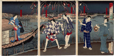 Five actors in casual attire in <i>A Cool Evening at Ryōgoku Bridge</i> (両国橋夕涼之図) - Onoe Kikugorō  V as 音羽屋清吉 and Ichikawa Sadanji I  as 高島屋藤助 on the right, Kataoka Gadō III as 松島屋房八 and Nakamura Fukusuke III as 成駒屋小文吾 in the middle and is a woman with the description Yanagibashi no ko Hide (柳橋の小ひで) on the left