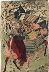 Tomoe Gozen [巴御前] on horseback twisting off the head  of Onda no Hachirō Moroshige [御田八郎師重]