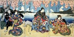 Fujikawa Tomokichi II (藤川友吉) as Azuma (あづま) on the right, Ichikawa Danzō V (市川団蔵) as Yodoya Tatsugorō (淀屋辰五郎) and Nakayama Ittoku II (中山一徳) as the gentlewoman Otsugi (こしもとおつぎ) on the left in the play <i>Keisei Yanagizakura</i> [けいせい楊柳桜]