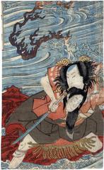 SAWAMURA TOSSHŌ I (澤村訥升) as Torii Matasuke [鳥井又助] with the severed head of a woman between his teeth - trimmed print - left panel of a diptych