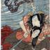 SAWAMURA TOSSHŌ I (澤村訥升) as Torii Matasuke [鳥井又助] with the severed head of Tairyō’s wife, Ume no Kata, between his teeth - from the play <i>Yanagi Sakura Iroe no Kagabone</i> (柳桜彩絵加賀骨) - trimmed print - left panel of a diptych