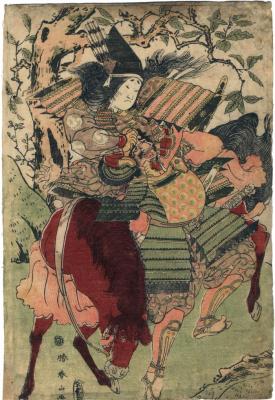 Tomoe Gozen [巴御前] on horseback twisting off the head  of Onda no Hachirō Moroshige [御田八郎師重]
