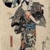 Sawamura Chōjūrō V [沢村長十郎] as Shiratsuka Jūemon (白柄十石工門) wearing a skull and spider kimono - the inset in the upper left is Bandō Shūka I as Komurasaki (小紫)