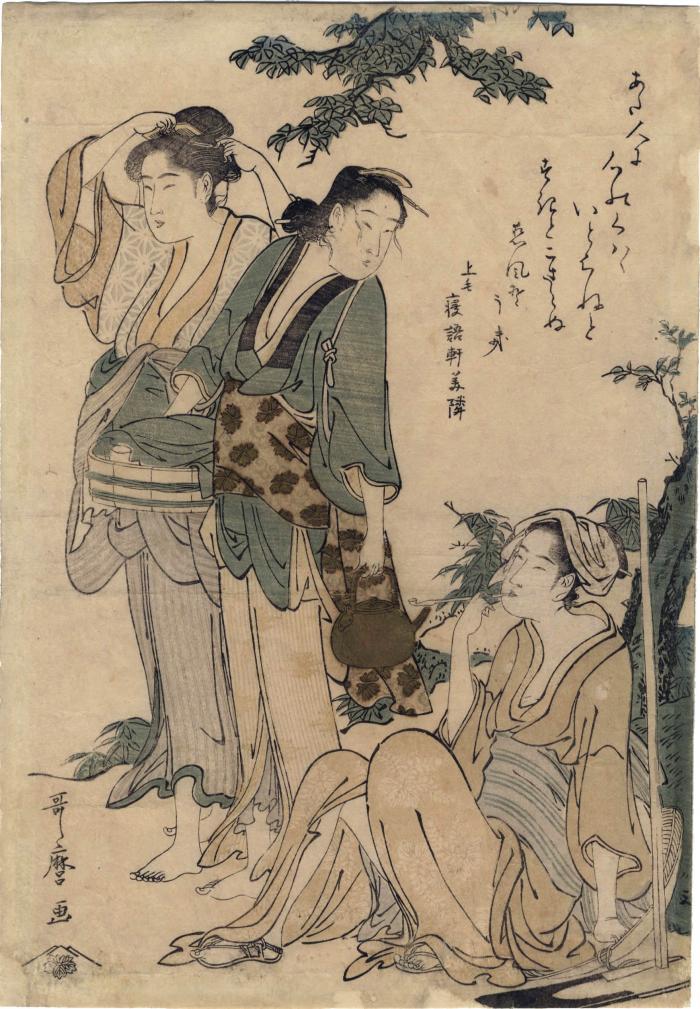 Farm wives relaxing (<i>Ikou nōfu</i> - 憩う農婦) from the series <i>Kyōka-iri aiban fūzoku zu</i> (狂歌入間判風俗図)