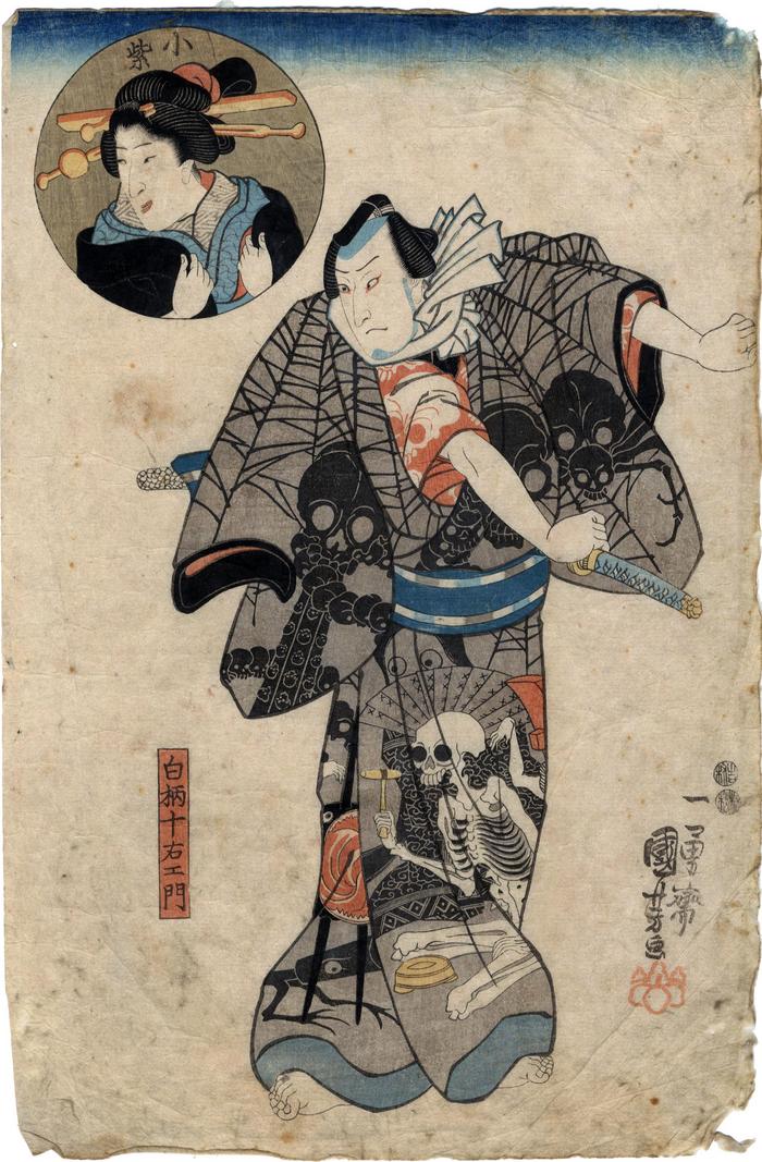 Sawamura Chōjūrō V [沢村長十郎] as Shiratsuka Jūemon (白柄十石工門) wearing a skull and spider kimono - the inset in the upper left is Bandō Shūka I as Komurasaki (小紫)
