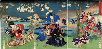 Mitsuuji struggles with a thief from <i>Kasumitatsu Miyoshi no Genji</i> (霞立三吉の源氏)