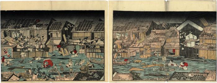 2 panel illustration of a horrific storm and flood that hit Edo  - from the <i>Ansei fūbunshū</i> (安政風聞集: 'Collection about Things Heard  Regarding the Storm during the Ansei period')