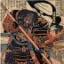 Odai Matarokurō - 小田井又六郎 (Yorisada) breaking a saké jar with his spear and Iwazu Tetsuemon - 岩津銕右衛門 (Shigenobu) drinking in the background from the series <i>One hundred and eight Heroes of the Japanese Suikoden</i> (<i>Honchō Suikoden gōketsū happyakunin no hitori</i> - 本朝水滸伝豪傑八百人一個)