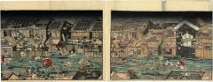 2 panel illustration of a horrific storm and flood that hit Edo  - from the <i>Ansei fūbunshū</i> (安政風聞集: 'Collection about Things Heard  Regarding the Storm during the Ansei period')