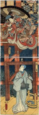 Iwai Kumesaburō III as Sakurahime (さくら姫) above and Ichikawa Danjūrō VIII as Seigen (清玄) below from the play <i>Koigoromo Karigane-zome</i> (恋衣雁金染) - a vertical diptych
