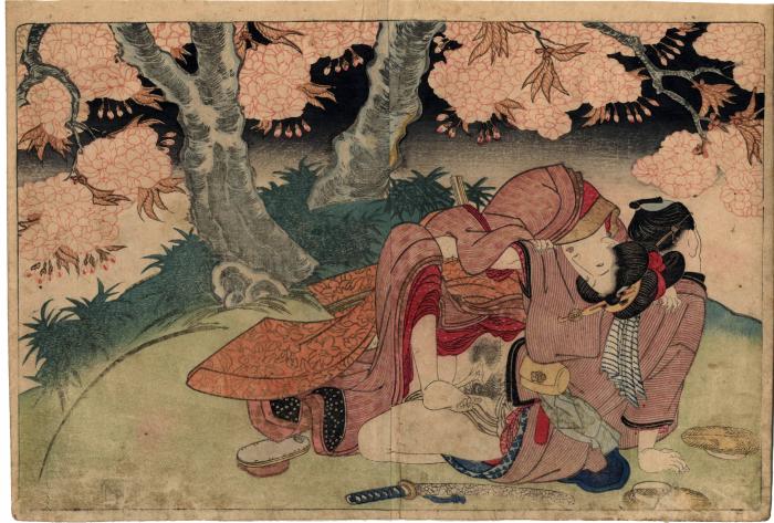 From volume 1, a couple having sex under a blossoming tree from <i>In Praise of Love in the Four Seasons</i> (<i>Shunka shūtō, Shiki no nagame</i> - 春夏秋冬 - 色の詠)