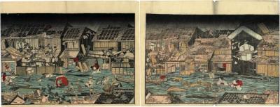 2 panel illustration of a horrific storm and flood that hit Edo  - from the <i>Ansei fūbunshū</i> (安政風聞集: 'Collection about Things Heard  Regarding the Storm during the Ansei period')