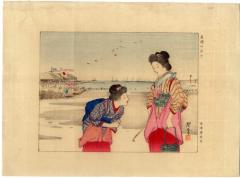 The ebb tide at Shibaura (<i>Shibaura no Shiohi</i> - 芝浦の汐干): Two girls gathering clams